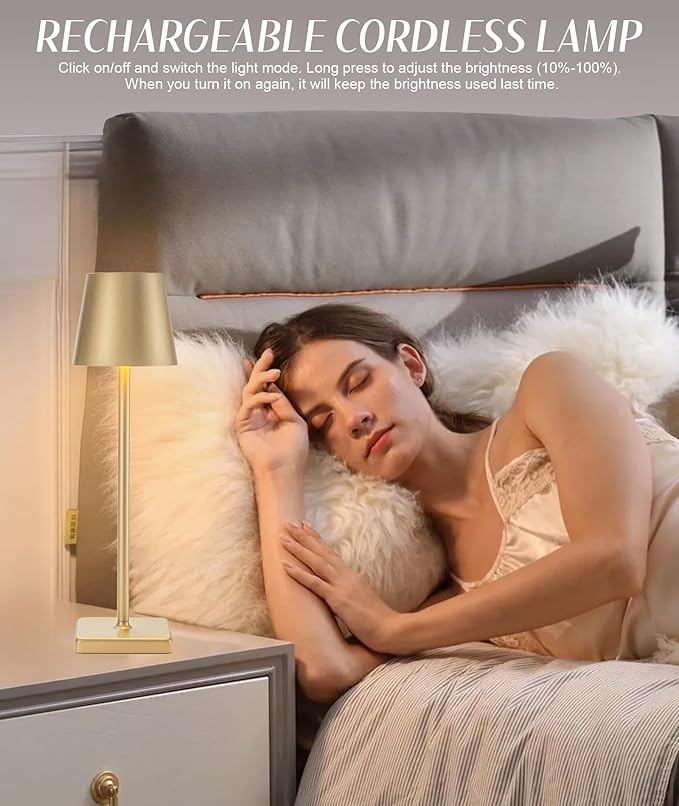 2 Pack Rechargeable Table Lamp, LED Cordless Desk Lamp, 5200mAh Battery Operated Table Light, Aluminum Shell, 3 Color Stepless Dimming Up Waterproof for Coffee Table/Indoor/Outdoor (Gold) - LeafyLoom