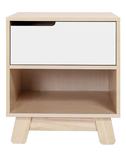 Babyletto Hudson Nightstand with USB Port in Washed Natural and White, 1 Drawer and Storage Cubby - LeafyLoom