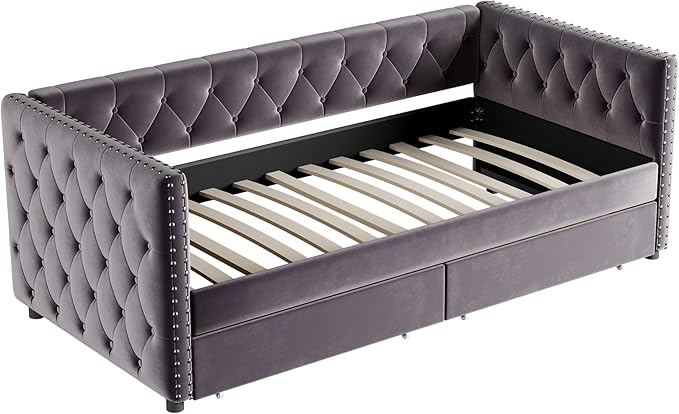 Twin Size Velvet Upholstered Daybed with Two Storage Drawers, Solid Wood Bed w/Button Tufted Backrest, for Living Room, Bedroom, Dorm, No Box Spring Needed - LeafyLoom
