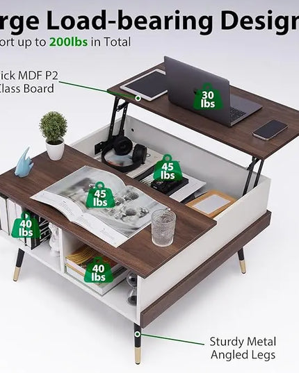 TOPSKY Lift Top Coffee Table, Square Coffee Table with Storage Shelves (Light Walnut) - LeafyLoom