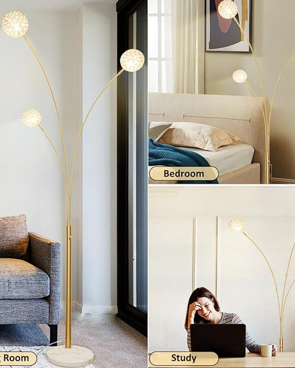 DLLT Floor Lamps for Living Room, 3-Light Gold Arc Standing Lamp, 86.6" Modern Tall Tree Floor Lamp with Adjustable Arms, Multi-Head LED Floor Lamps for Bedroom, Study, Office, G9 Bulbs Included - LeafyLoom