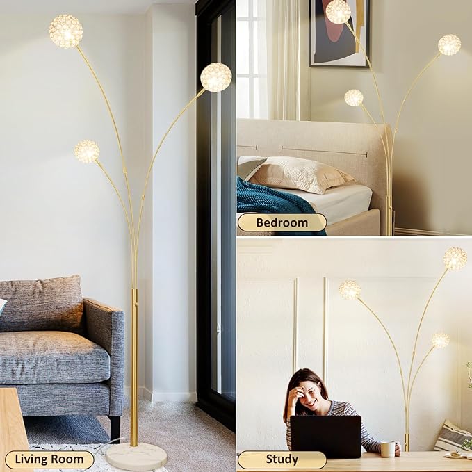 DLLT Floor Lamps for Living Room, 3-Light Gold Arc Standing Lamp, 86.6" Modern Tall Tree Floor Lamp with Adjustable Arms, Multi-Head LED Floor Lamps for Bedroom, Study, Office, G9 Bulbs Included - LeafyLoom