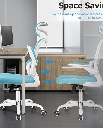 Ergonomic Office Chair, High Back Mesh Desk Chair with Lumbar Support and Adjustable Headrest, Computer Gaming Chair with Flip-up Armrests, Executive Swivel Chair for Home Office (Blue) - LeafyLoom
