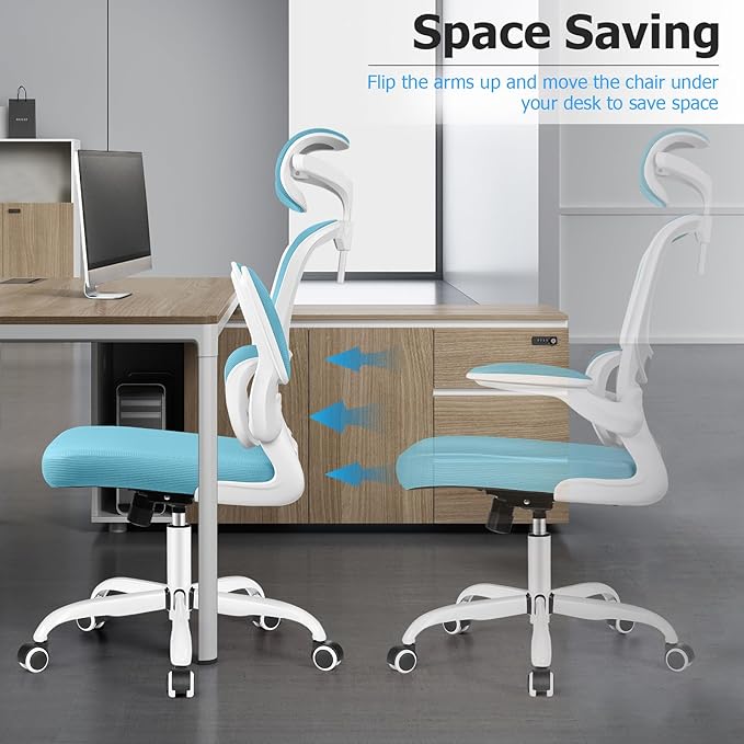 Ergonomic Office Chair, High Back Mesh Desk Chair with Lumbar Support and Adjustable Headrest, Computer Gaming Chair with Flip-up Armrests, Executive Swivel Chair for Home Office (Blue) - LeafyLoom