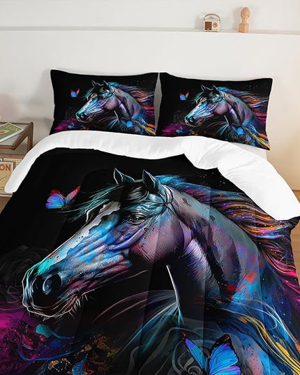 HOSIMA 3 Pieces Art Horse Comforter with 2 Pillowcases,Wildlife Horse Butterfly Black Comforter Set Boys Teens Aesthetic Room Decor,Animal Bedding King Size Comforter Set for adults. - LeafyLoom