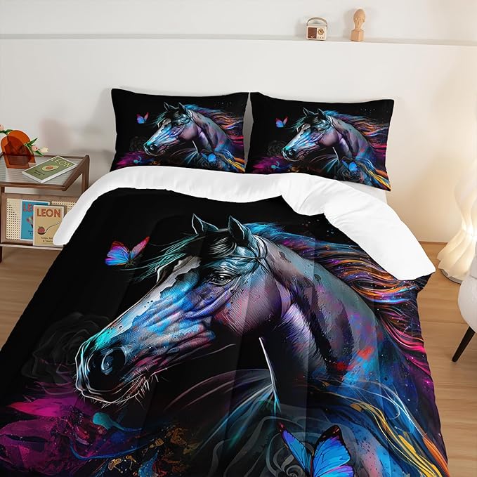 HOSIMA 3 Pieces Art Horse Comforter with 2 Pillowcases,Wildlife Horse Butterfly Black Queen Comforter Set Boys Teens Aesthetic Room Decor,Animal Bedding Queen Size Bed in a Bag Sets for adults. - LeafyLoom