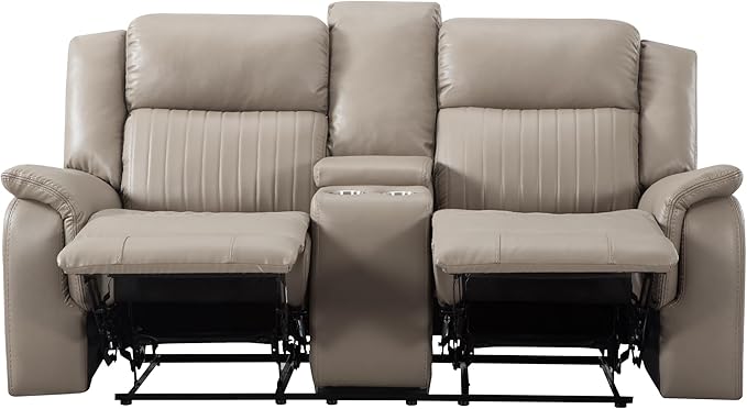 72" PU Manual Reclining Loveseat Sofa with 2 Cup Holder and Storage,Multifunction Upholstered Couch W/Adjustable Backrest & Footboards,Smart Furniture for Living Room Bedroom Apartment,Grey - LeafyLoom