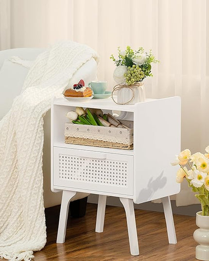 Lerliuo Rattan Nightstand with Charging Station, Side Table with Drawer Open Shelf, Cane Accent Bedside End Table with Solid Wood Legs, Night Stand for Bedroom, Dorm and Small Spaces (White) - LeafyLoom