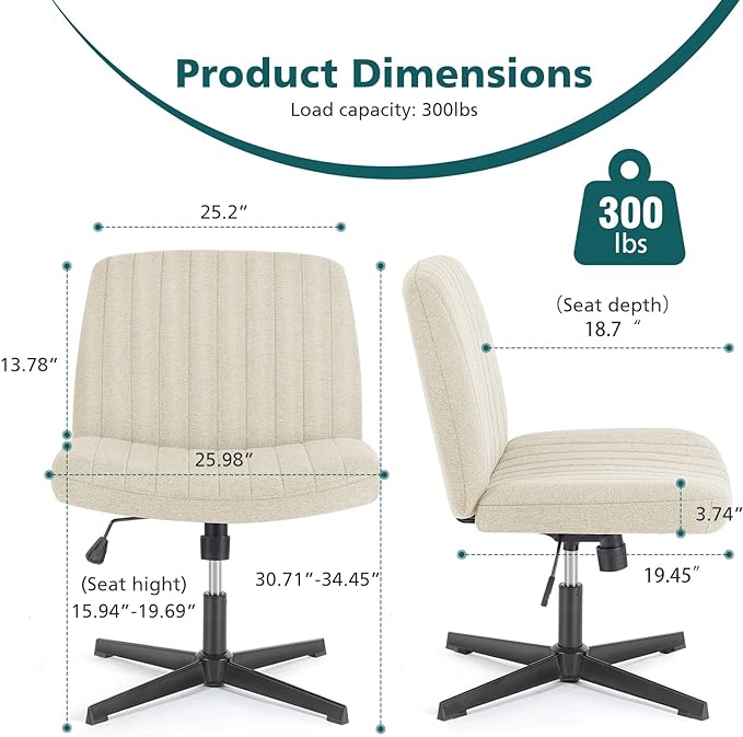 OLIXIS Cross Legged Armless Wide Adjustable Swivel Padded Home Office Desk Chair, Beige - LeafyLoom