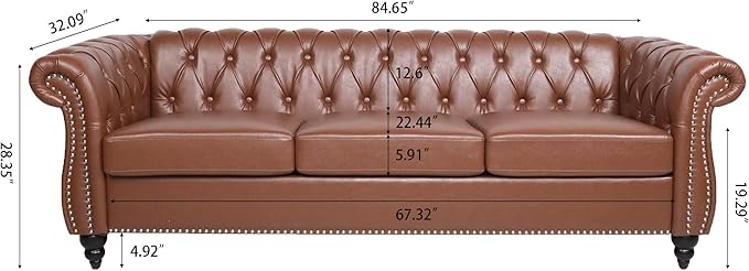 3-Seaters Living Room Clasic Chesterfield Sofa Couch Button Tufted PU Leather Upholstered Sofa&Couch with Luxury Roller Armrest Soild Wood Legs Movable Cushions & Nailhead Decor - LeafyLoom