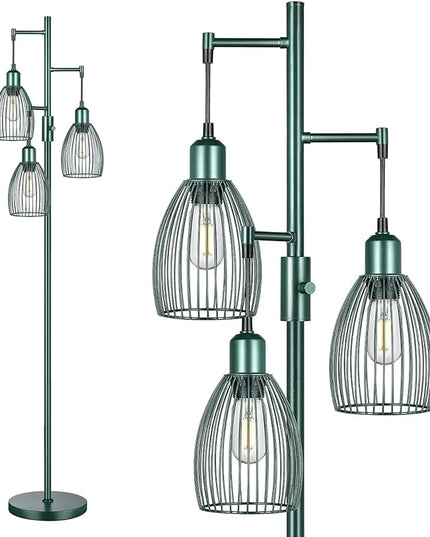 Dimmable Industrial Floor Lamps for Living Room, Green Tree Standing Tall Lamps with 3 Elegant Teardrop Cage Head & 800 Lumens LED Bulbs for Bedroom Office - LeafyLoom