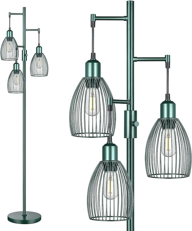 Dimmable Industrial Floor Lamps for Living Room, Green Tree Standing Tall Lamps with 3 Elegant Teardrop Cage Head & 800 Lumens LED Bulbs for Bedroom Office - LeafyLoom