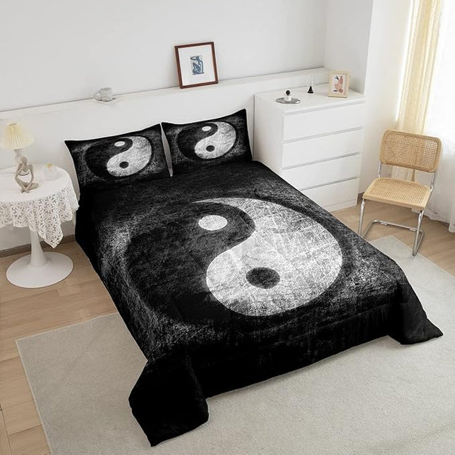 Feelyou Yin Yang Bedding Set for Girls Boys Children Boho Trippy Psychedelic Art Comforter Set Decorative Gossip Pattern Comforter Traditional Ying Yang Theme Duvet Set Queen Size 3Pcs - LeafyLoom