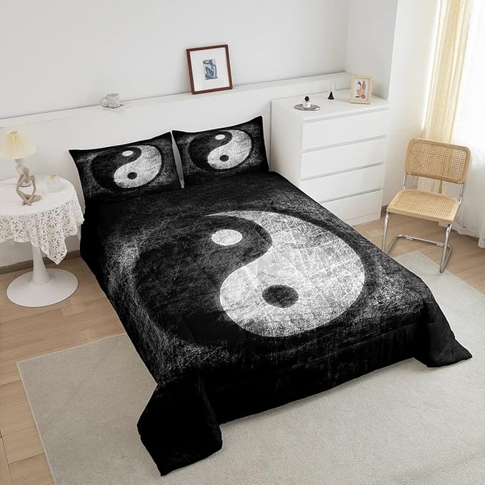 Feelyou Yin Yang Bedding Set for Girls Boys Children Boho Trippy Psychedelic Art Comforter Set Decorative Gossip Pattern Comforter Traditional Ying Yang Theme Duvet Set King Size 3Pcs - LeafyLoom