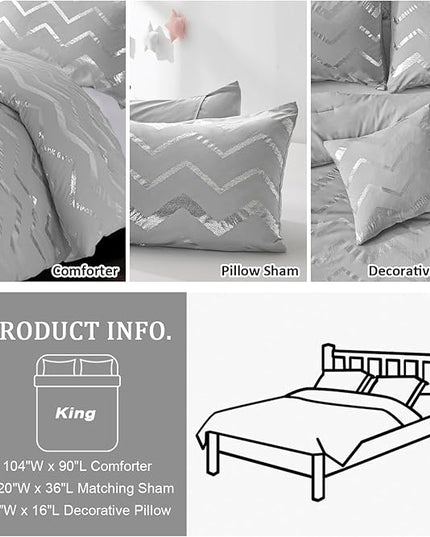 Grey and Silver Comforter Set King Size, Metallic Print Geometric Bedding Set, 4 Piece Lightweight Microfiber Comforter for Teen Girls Boys Women (2 Pillow Shams + 1 Decorative Pillow Sham) - LeafyLoom