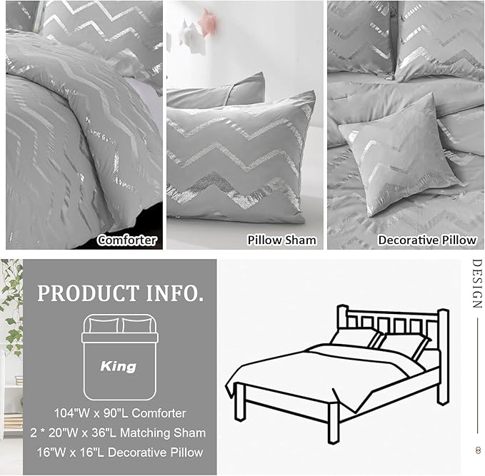 Grey and Silver Comforter Set King Size, Metallic Print Geometric Bedding Set, 4 Piece Lightweight Microfiber Comforter for Teen Girls Boys Women (2 Pillow Shams + 1 Decorative Pillow Sham) - LeafyLoom