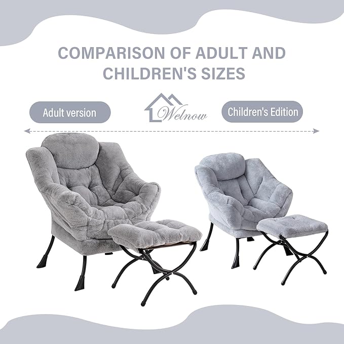 Welnow Toddler Kids Lazy Chair with Ottoman, Accent Comfy Lounge Children Armchair Couch with Armrest and Removable Cover, Detachable Reading Chair with Footrest for Boy or Girl, Plush Grey - LeafyLoom