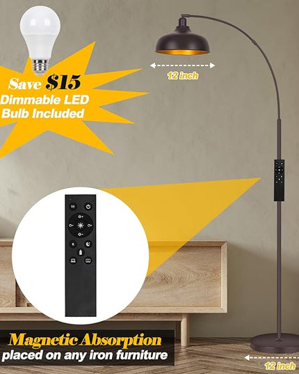 Arc Floor Lamps Bronze, Standing Lamps for Living Room with Remote Control, Foot Switch, Metal Shade, Arched Floor Lamp with Stepless Dimmable LED Bulb, Brown Floor Reading Tall Lamp for Bedroom - LeafyLoom