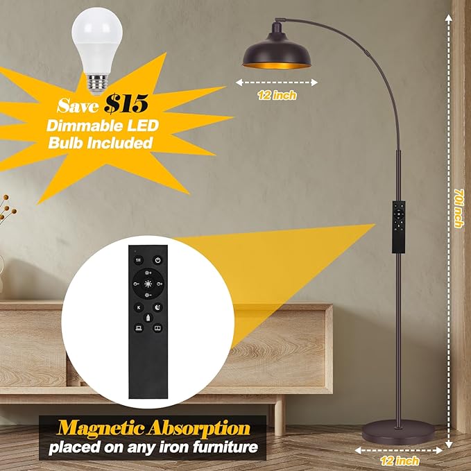 Arc Floor Lamps Bronze, Standing Lamps for Living Room with Remote Control, Foot Switch, Metal Shade, Arched Floor Lamp with Stepless Dimmable LED Bulb, Brown Floor Reading Tall Lamp for Bedroom - LeafyLoom