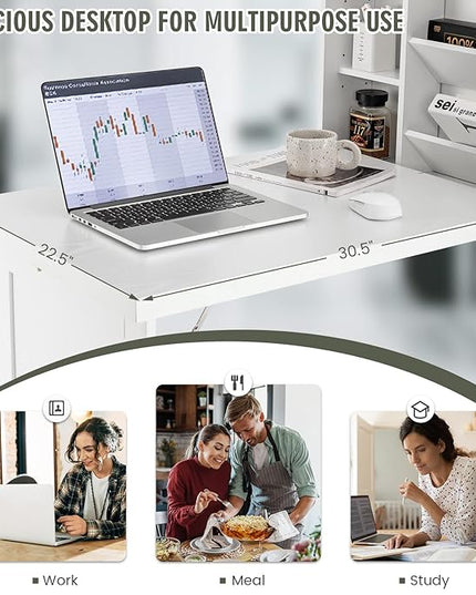 Wall Mounted Table w/Classified Storage Space, Foldable Multiple-Purpose Desk, Sturdy Wood Structure, White - LeafyLoom