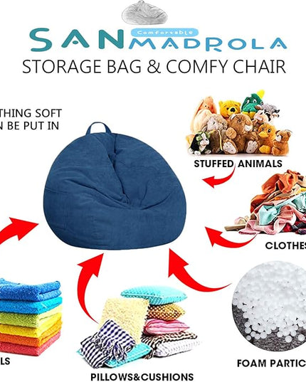 Stuffed Animal Storage Bean Bag Chair Cover for Kids and Adults (No Filler).Soft Premium Corduroy Stuffable Beanbag for Organizing Children Plush Toys or Memory Foam Large 300L(DarkBule) - LeafyLoom