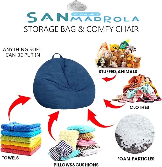 Stuffed Animal Storage Bean Bag Chair Cover for Kids and Adults (No Filler).Soft Premium Corduroy Stuffable Beanbag for Organizing Children Plush Toys or Memory Foam Large 300L(DarkBule) - LeafyLoom