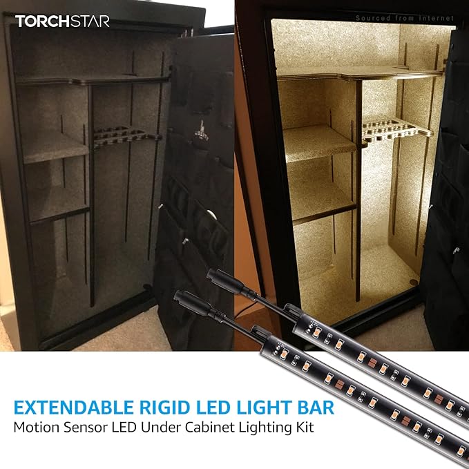 TORCHSTAR LED Safe Lighting Kit, (6) 12 Inch Linkable Light Bars + Motion Sensor + UL Power Adapter, 900LM, Input 100-240V, for Under Cabinet Gun Safe Locker Closet Showcase, 3000K Warm White TORCHSTAR