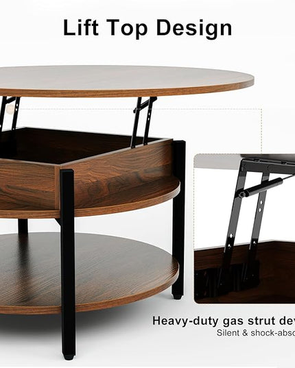 FABATO Round Lift Top Coffee Table for Living Room, 35.43'' Round Coffee Table with Storage and Hidden Compartment, 2 Tier Large Farmhouse Coffee Table Round Dining Table, Espresso - LeafyLoom