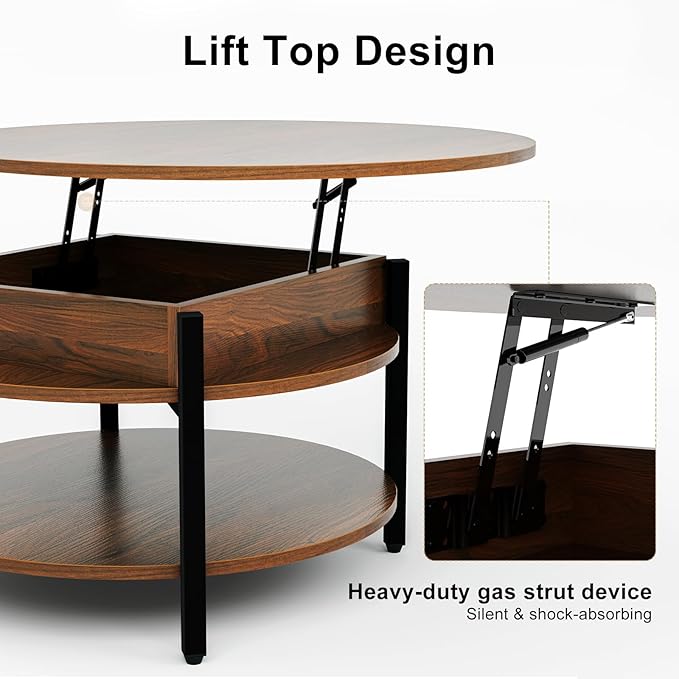 FABATO Round Lift Top Coffee Table for Living Room, 35.43'' Round Coffee Table with Storage and Hidden Compartment, 2 Tier Large Farmhouse Coffee Table Round Dining Table, Espresso - LeafyLoom