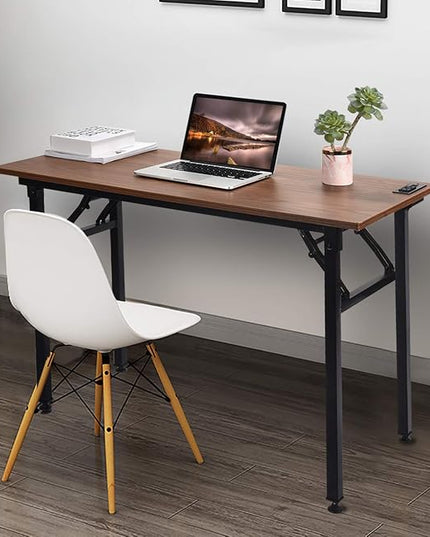 Frylr Small Folding Computer Desk 31.5''LX 15.7''X 29'' with 2 Power Sockets and 2.1A USB Charging Ports, Home Office Desk Portable Writing Desks for Small Space, Foldable Desk, Walnut - LeafyLoom