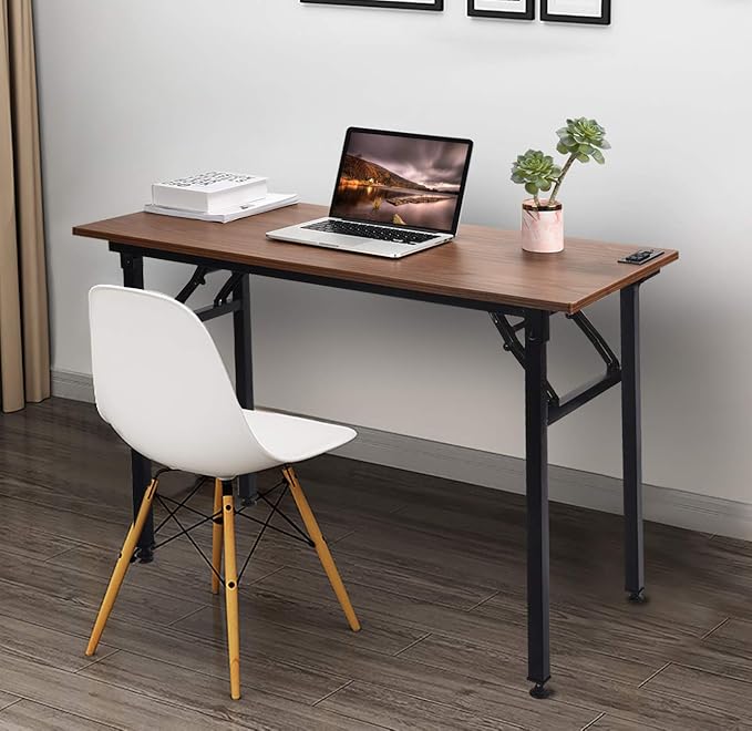Frylr Small Folding Computer Desk 31.5''LX 15.7''X 29'' with 2 Power Sockets and 2.1A USB Charging Ports, Home Office Desk Portable Writing Desks for Small Space, Foldable Desk, Walnut - LeafyLoom