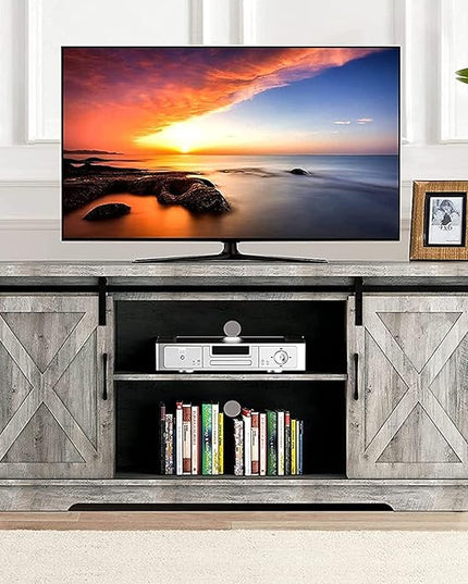 Farmhouse TV Stand for 65 Inch TV Entertainment Center TV Media Console Cabinet, Grey TV Stand with Storage, Barn Doors and Shelves, Tall Modern TV Console Table Furniture for Living Bedroom - LeafyLoom