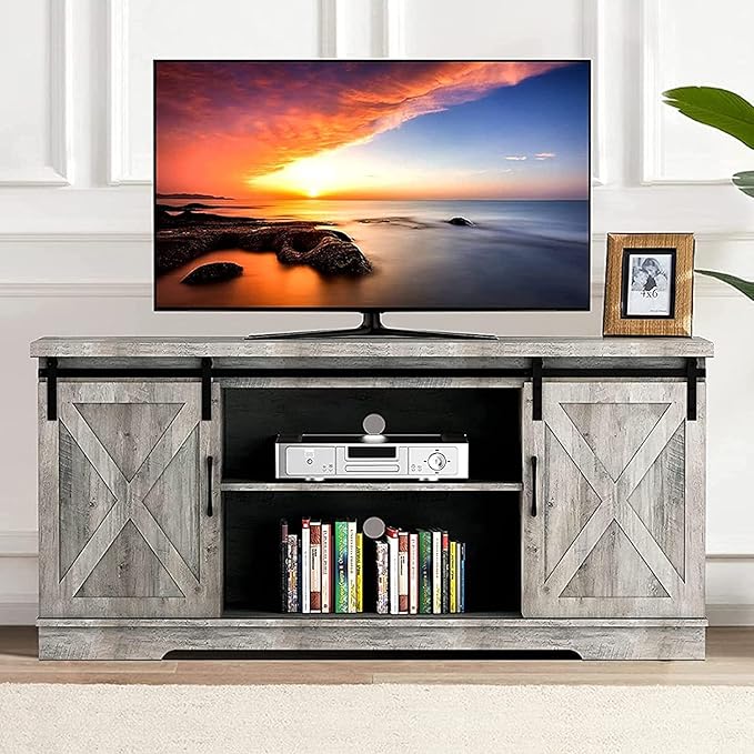 Farmhouse TV Stand for 65 Inch TV Entertainment Center TV Media Console Cabinet, Grey TV Stand with Storage, Barn Doors and Shelves, Tall Modern TV Console Table Furniture for Living Bedroom - LeafyLoom