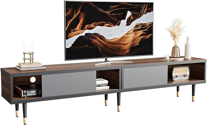 Bestier Mid Century Modern TV Stand for 85 inch tv, Entertainment Center with Storage and Sliding Doors, 2 in 1 Long TV Cabinet for Living Room, Ancona Walnut - LeafyLoom