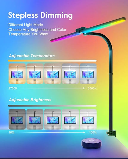 Brightown LED Desk Lamp with Clamp for Home Office, Double Head Color Changing Desk Lights with Remote, 24W Ultra Bright Multicolor Table Lamp with Rotatable Swing Arms for Gaming Computer, RGB Mode - LeafyLoom
