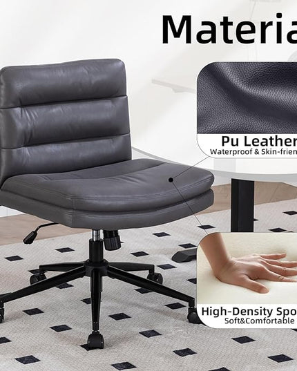 Armless Office Chair with Wheels Wide Desk Chair Leather Mid Back Accent Chair Padded Swivel Vanity Chair for Girl Women Computer Task Chair for Home Office (Suede Fabric,Gray) - LeafyLoom