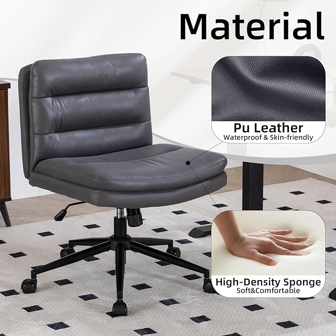 Armless Office Chair with Wheels Wide Desk Chair Leather Mid Back Accent Chair Padded Swivel Vanity Chair for Girl Women Computer Task Chair for Home Office (Suede Fabric,Gray) - LeafyLoom