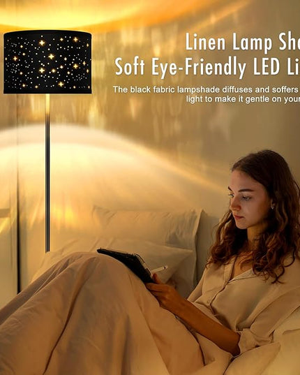 Black Floor Lamps for Living Room Bedroom, Bright Modern Standing Lamp with LED Bulb(6W Bulb), Black Star Lamp Shade, 59" Tall, Footswitch, Simple Reading Floor Lamps Corner Lamp for Office/Den - LeafyLoom