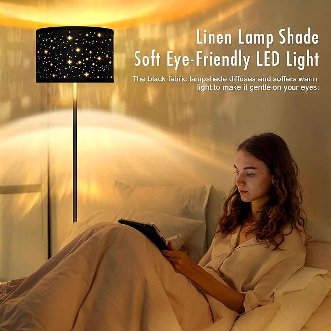 Black Floor Lamps for Living Room Bedroom, Bright Modern Standing Lamp with LED Bulb(6W Bulb), Black Star Lamp Shade, 59" Tall, Footswitch, Simple Reading Floor Lamps Corner Lamp for Office/Den - LeafyLoom