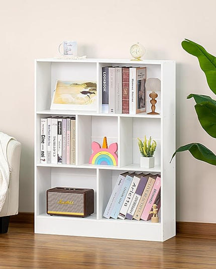 YAHARBO White 7 Cube Bookshelf,3 Tier Modern Horizontal Bookcase,Wooden Low Book Shelf Display Storage Cabinet with Base,Floor Standing Short Bookshelves Open Organizer for Bedroom,Living Room,Office - LeafyLoom