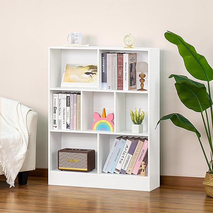 YAHARBO White 7 Cube Bookshelf,3 Tier Modern Horizontal Bookcase,Wooden Low Book Shelf Display Storage Cabinet with Base,Floor Standing Short Bookshelves Open Organizer for Bedroom,Living Room,Office - LeafyLoom