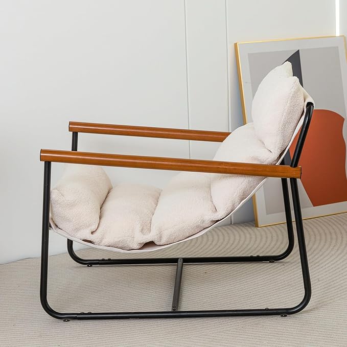 MAXYOYO Sherpa Accent Chair, Boucle Arm Chair Living Room Chair, Reading Accent Chair, Mid Century Modern Bedroom Chair,Teddy Armchair Wooden Arms Metal Frame - LeafyLoom