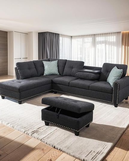 3 Pieces Sectional Sofa L-Shaped Couch for Living Room Furniture Set with Storage Ottoman, Left Hand Facing Chaise, Upholstered 5 Seaters Corner Sofa&Couch, Home Apartment Office - LeafyLoom