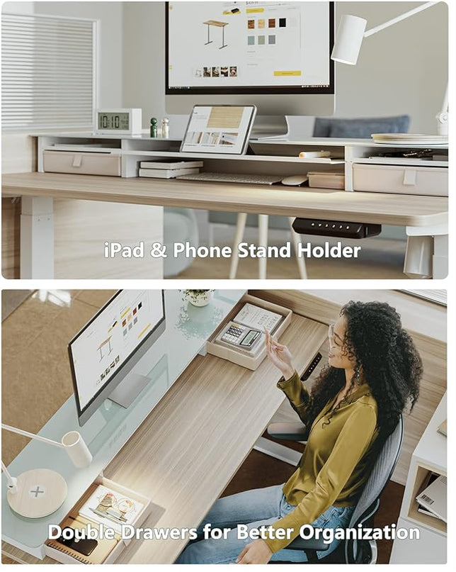 BANTI 48"x 26" Electric Standing Desk with Glass Top Monitor Stand, Adjustable Sit Stand Up Table with Double Drawer, Sit Stand Desk with Storage Shelf, Light Walnut Top - LeafyLoom