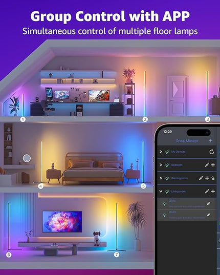 bedee LED Corner Floor Lamp: 65" RGB 16 Million Color Changing Floor Lamp with Music Sync, Modern Standing Mood Light with App & Remote Control, DIY Mode & Timing for Living Room Gaming Room Bedroom - LeafyLoom