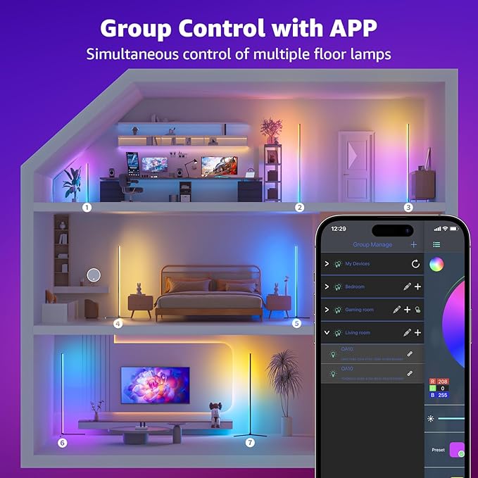bedee LED Corner Floor Lamp: 65" RGB 16 Million Color Changing Floor Lamp with Music Sync, Modern Standing Mood Light with App & Remote Control, DIY Mode & Timing for Living Room Gaming Room Bedroom - LeafyLoom