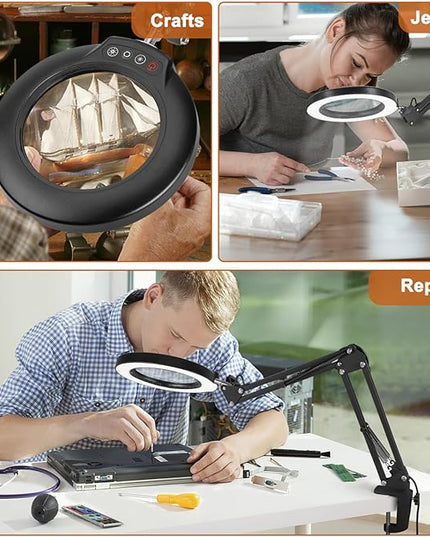 Veemagni 10X Magnifying Glass with Light and Stand, 5 Color Modes Stepless Dimmable 2-in-1 Desk Lamp & Clamp, LED Lighted Magnifier with Light, Hands Free for Repair Craft Hobby Close Work - LeafyLoom