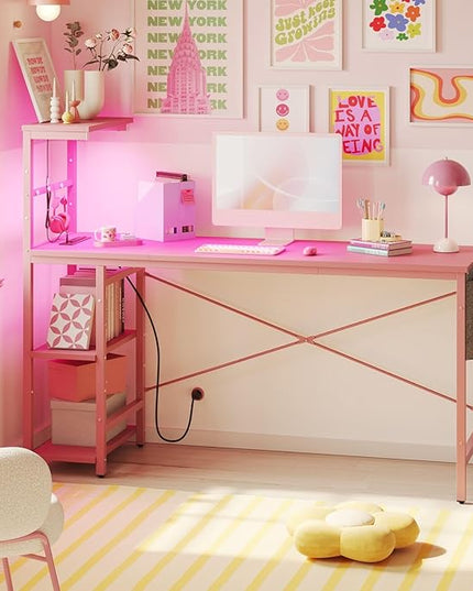 Bestier Gaming Desk with Power Outlets, 61 Inch Large Led Gamer Desk with 4 Tiers Reversible Shelves, PC Gaming Table with Headset Hook & Side Storage Bag for Bedroom (Pink 3D Carbon Fiber) - LeafyLoom