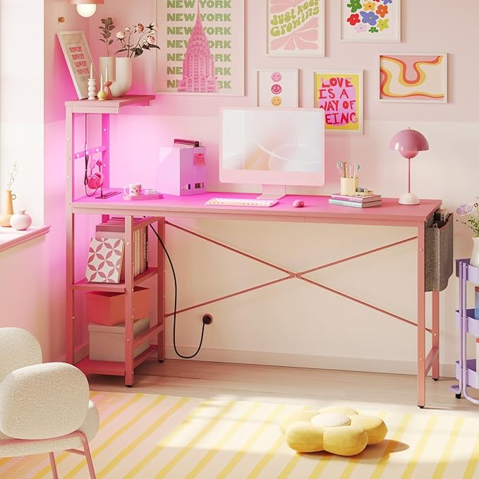 Bestier Gaming Desk with Power Outlets, 61 Inch Large Led Gamer Desk with 4 Tiers Reversible Shelves, PC Gaming Table with Headset Hook & Side Storage Bag for Bedroom (Pink 3D Carbon Fiber) - LeafyLoom