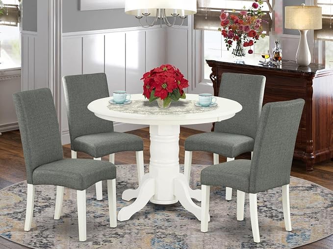East West Furniture SHDR5-LWH-07 5 Piece Kitchen Set Includes a Round Room Table with Pedestal and 4 Gray Linen Fabric Parson Dining Chairs, 42x42 Inch - LeafyLoom